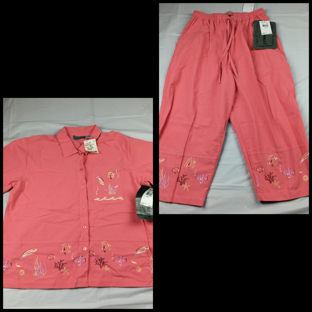 NWT Jane Ashley Coral Pink Matching Top & Capri Bottoms Fish Design Nautical Lrg